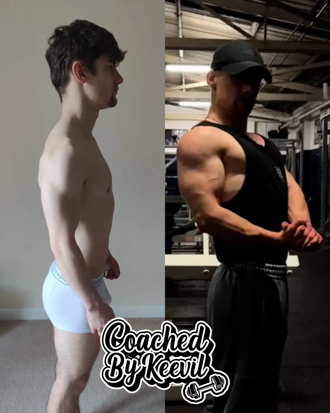 Stef's before and after — from a bedroom side-on photo to flexing in the gym